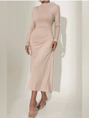 Long Sleeve High-Neck Ruched Midi Dress in Nude
